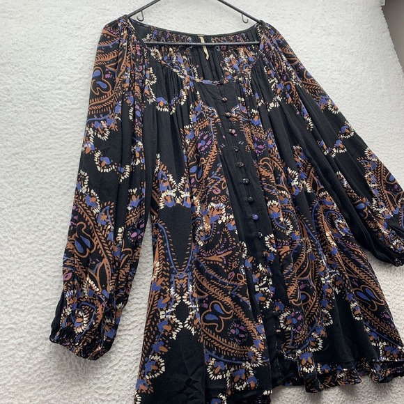 Free People Mini Dress Womens XS Flowy Loose Fit Boho Floral Hippie Pockets - Picture 4 of 13